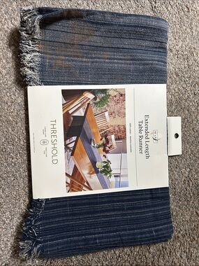 Threshold Blue Striped Table Runner with Fringe 14x108